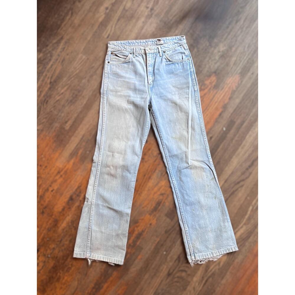Vintage 70s Flare Jeans | Light Wash Slim Fit Denim Distressed Leather trim |28" - Picture 7 of 8
